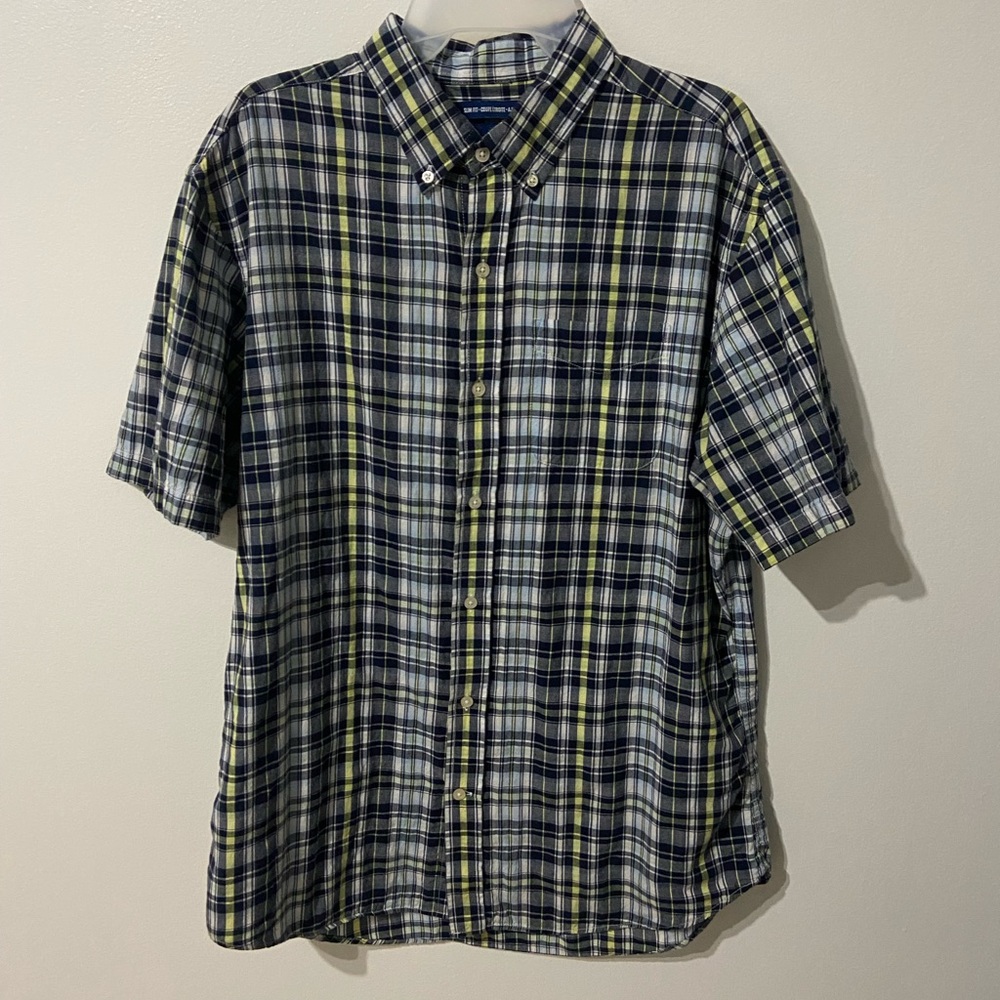 Old Navy Slim Fit Built-In Flex Plaid Everyday Shirt for Men-Blue/Yellow\White-M